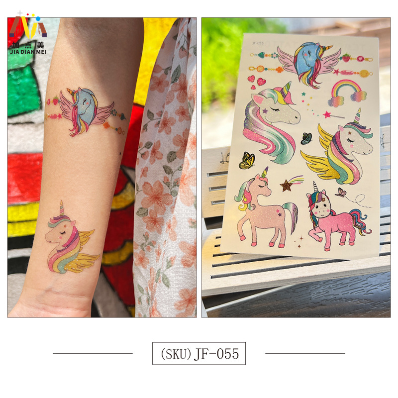 Amazon Venta caliente brillo lindo postre de Navidad unicornio niños tatuaje pegatinas impermeable tatuaje de larga duración