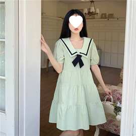 时尚海军领蝴蝶结果绿色连衣裙女夏季新款小个子宽松慵懒风短裙子