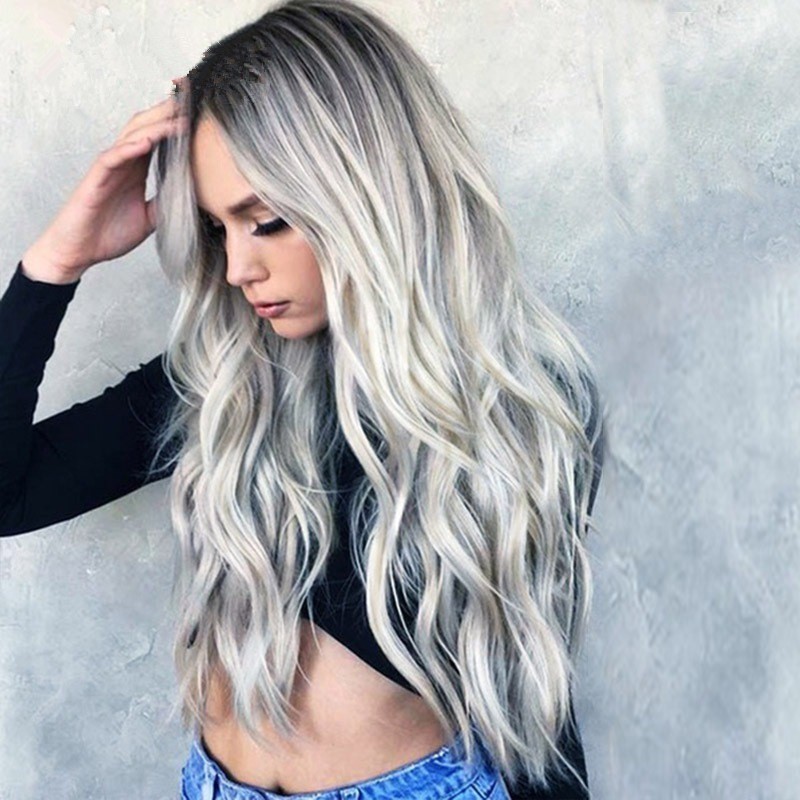 Transfronterizo nuevo estilo europeo y americano gradiente medio gradiente amarillo gradiente gris mujer medio cabello largo y rizado gran peluca ondulada