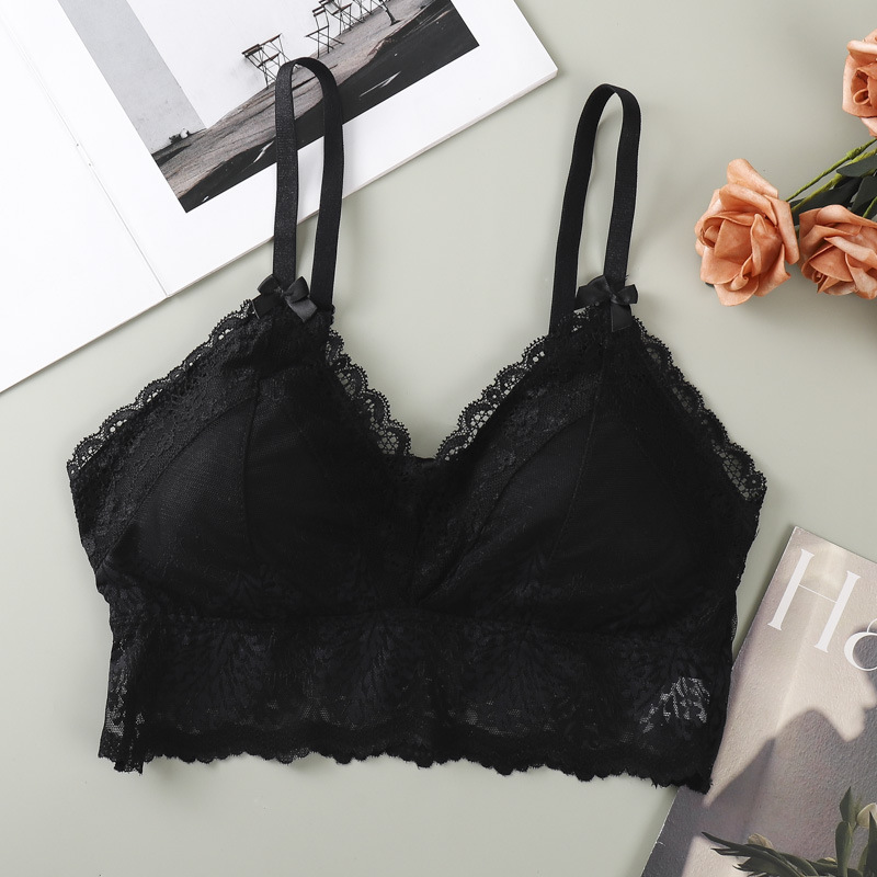2025 otoño de encaje francés cuello en V hermoso cinturón de espalda ropa interior en una taza de comodidad con base para el pecho de la mujer