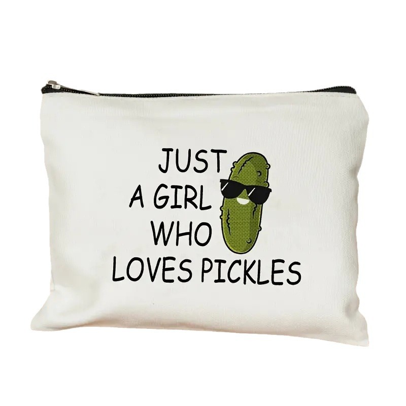 Bolsa de Maquillaje de Lino con Estampado de Pepino de Temu, Bolsa de Almacenamiento de Cosméticos con Cremallera para Mujer, Impresión a Doble Cara