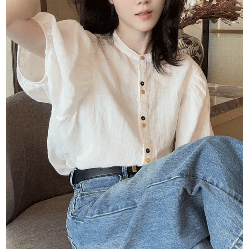 Áo sơ mi nữ cotton linen trắng tay ngắn dáng rộng tay phồng mùa hè — Màu trắng chi tiết 5