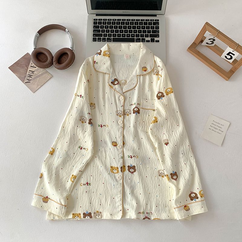 Al por mayor transfronterizo otoño nuevo pijama de manga larga nube de algodón de dibujos animados ropa doméstica de mujer se puede usar con un lindo conjunto de solapa