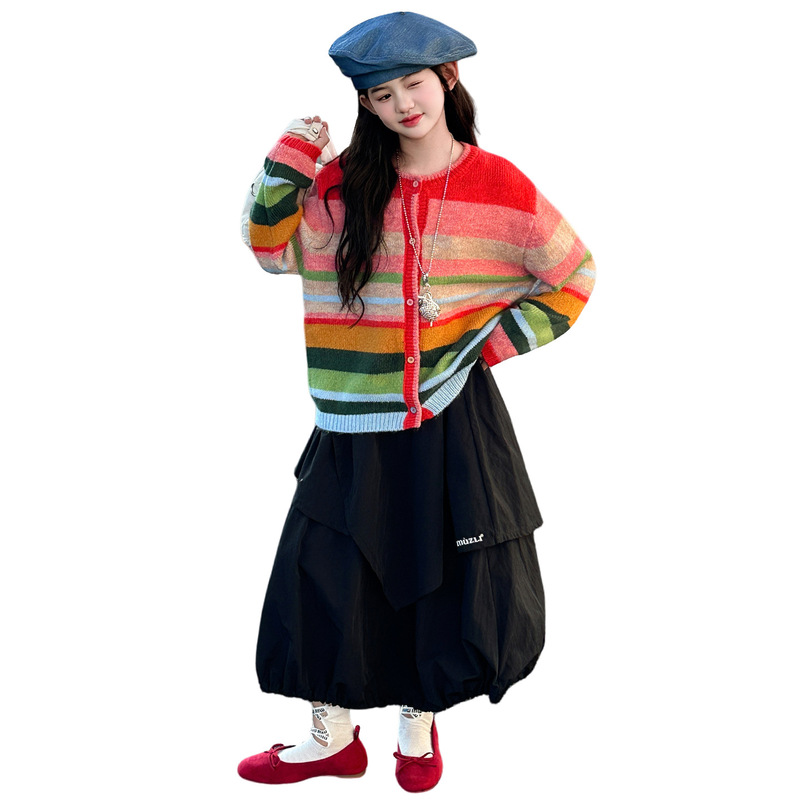 女童彩虹洋气毛衣2025春秋韩系新款时尚针织开衫条纹百搭长袖上衣|undefined