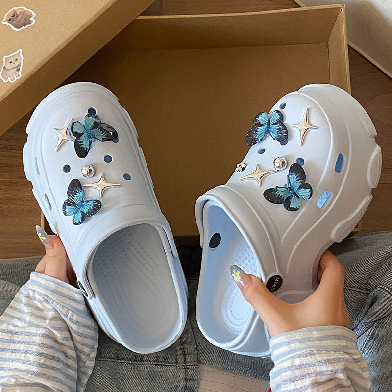 Ins Blue Butterfly Clogs for Women, New Summer Outdoor Wear, Arch Support, Height-Increasing, Thick-Soled, Closed-Toe Slippers for Women