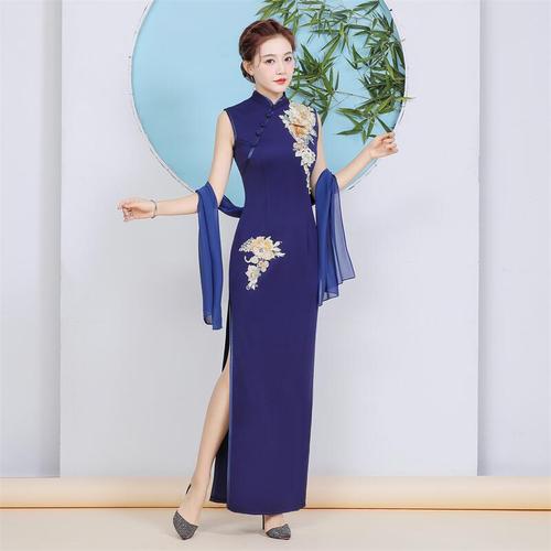 Chinese Dresses purple blue retro qipao flowers for women girls Long performance catwalk cheongsam Chinese style modified vintage elegant long cheongsam