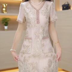 高档云锦丝精工缇花礼服裙夏季新款气质小香风新中式连衣裙女7688