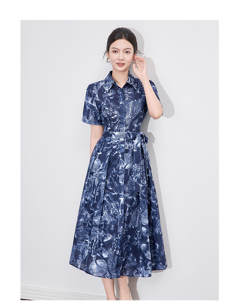 Váy sơ mi in hoa cổ bẻ khí chất đi làm cao cấp dáng maxi thắt eo — Màu xanh lam chi tiết 7