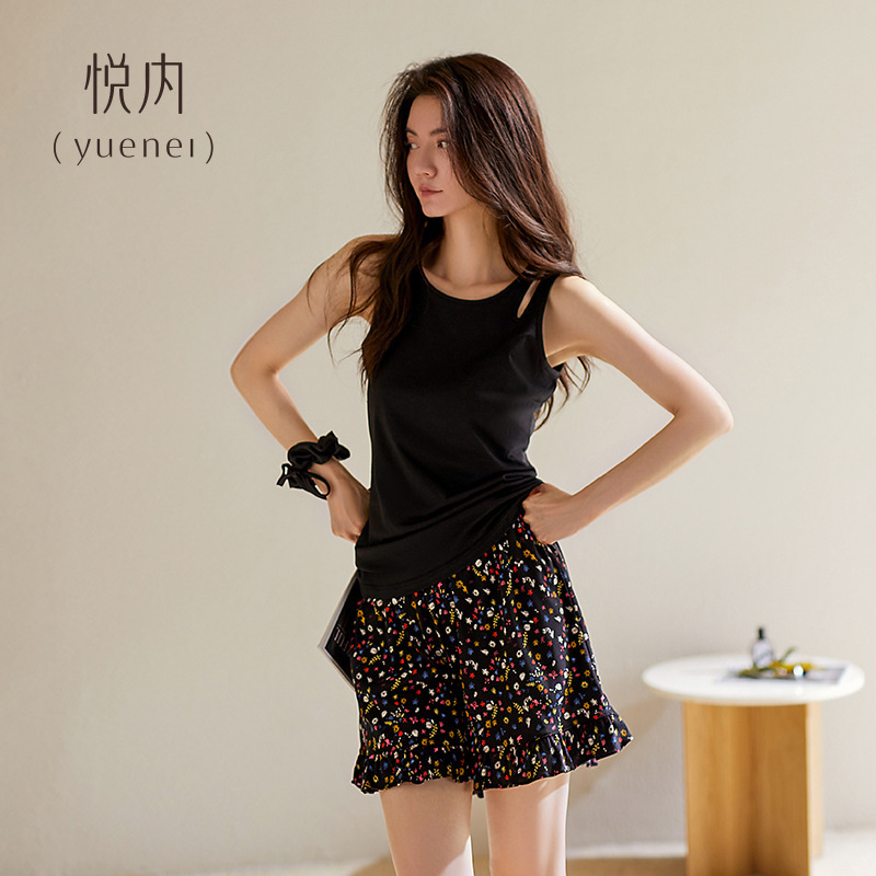Yuenai 女性用胸パッド付きパジャマ、夏用モーダルノースリーブベストショーツ、ホームウェア、ファッショナブルで屋外で着用可能|undefined
