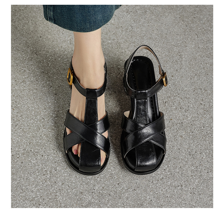 Sandal nữ cao gót quai T dệt kiểu La Mã cổ điển — màu nâu chi tiết 7