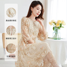 【真丝顺纡绣花】重工刺绣中长款连衣裙气质显瘦桑蚕丝连衣裙9330