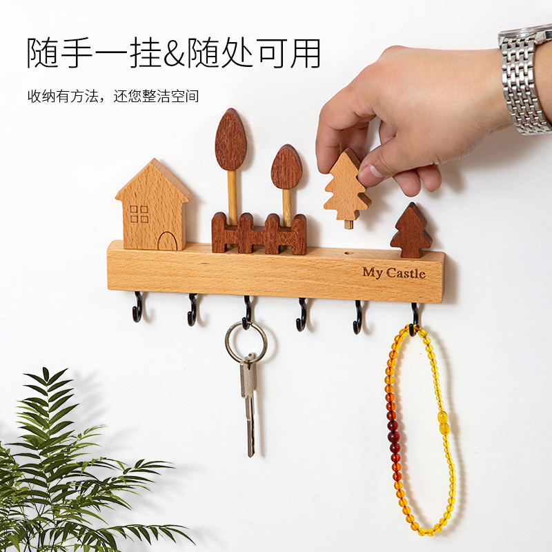 Gancho de llave de pared de madera maciza nórdica Creativo nuevo porche montado en la pared estante de almacenamiento de llave sin perforación en la puerta