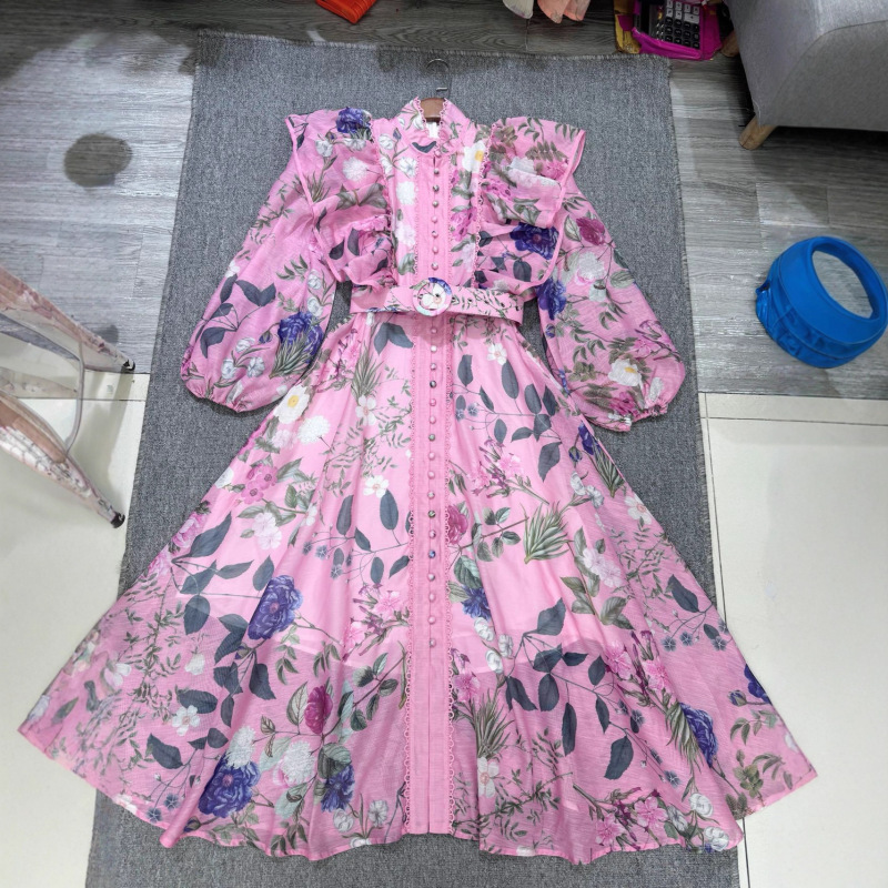 2025早秋新款立领花边系带欧美复古宫廷风荷叶花边印花连衣裙女|undefined