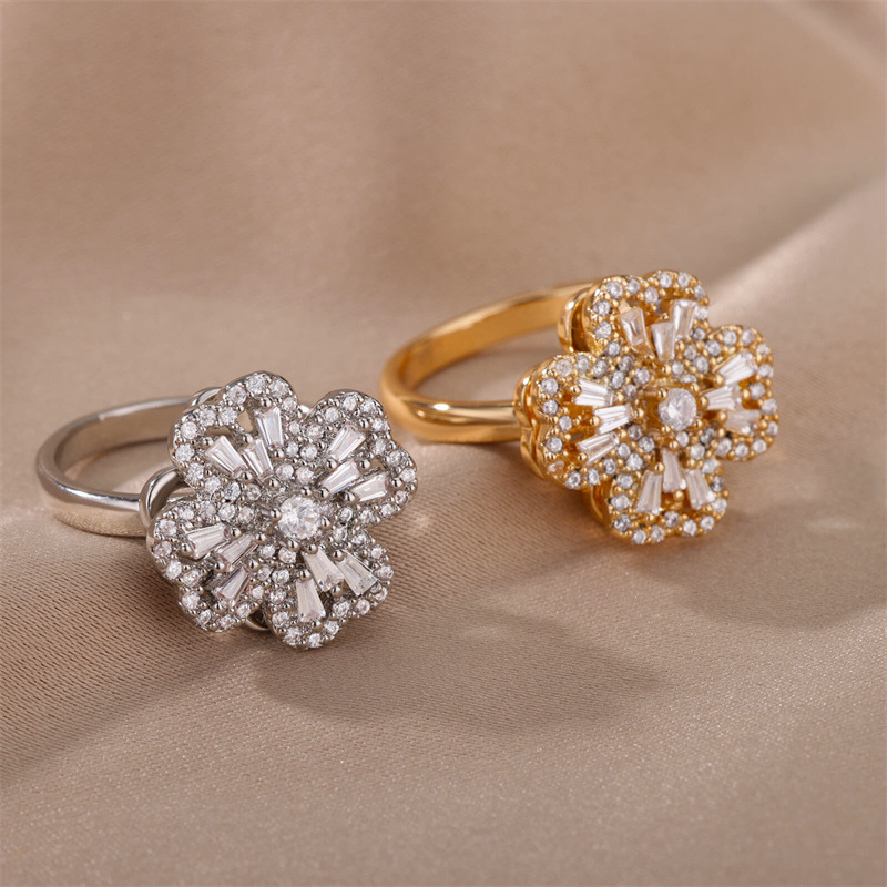 Fashion Flower Copper Plating Zircon Open Ring 1 Piece