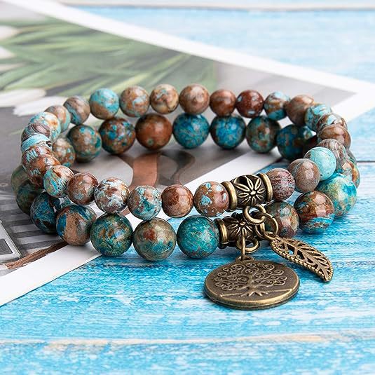 Women's Natural Semi-Precious Stone Beaded Bracelet - Tree of Life and Leaf Charm Energy Reiki Crystal Stretch Bracelet