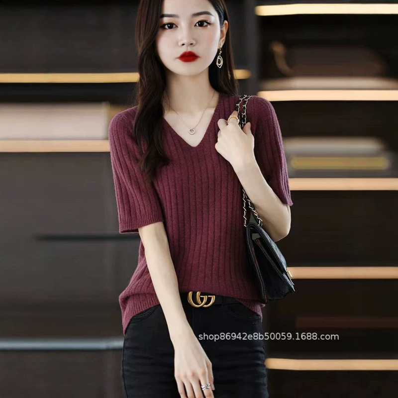 Spring and Summer New V Neck Knitted Short-Sleeved Women's Pit Strip T-Shirt Pure Color Pullover Loose Sweetheart Neck Bottoming Knitwear