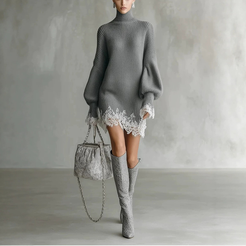 New Autumn and Winter Loose High-neck Knitted Sweater Dress for Women with Lace Splicing and Long Sleeves, Over-the-knee Sweater Dress New Autumn and Winter Loose High-neck Knitted Sweater Dress for Women with Lace Splicing and Long Sleeves, Over-the-knee Sweater Dress
