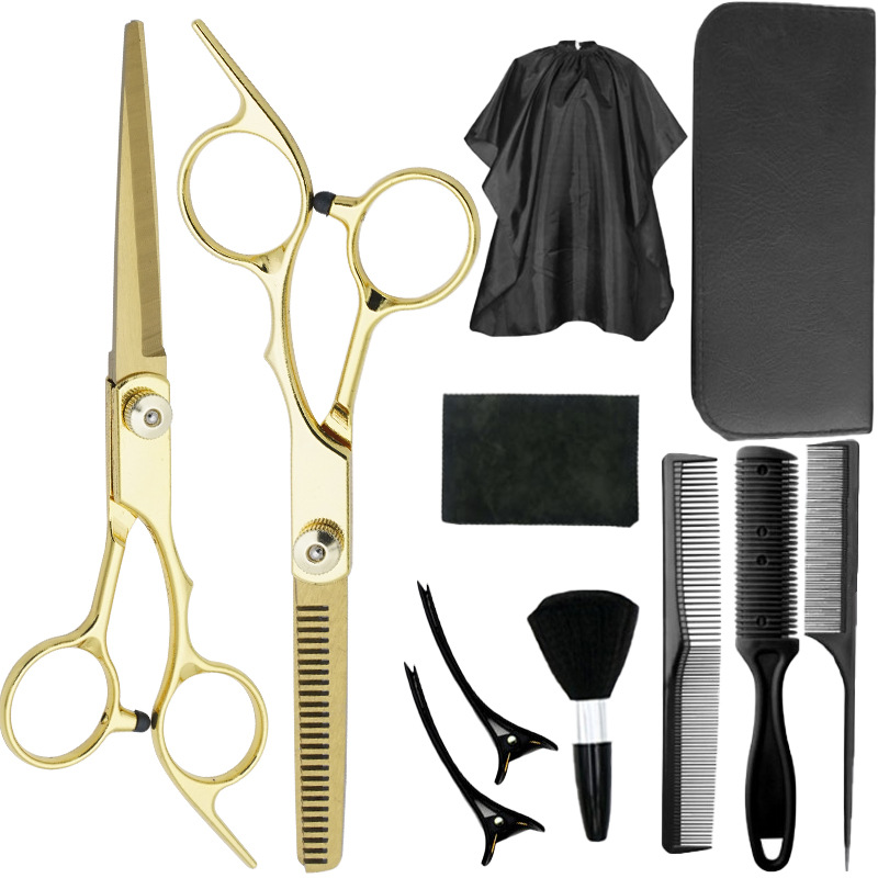 Fabricante al por mayor tijeras de corte de cabello transfronterizo Amazon negro dorado plano tijeras de dientes con flequillo fino tijeras divididas juego de tijeras de cabello