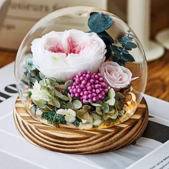 Flor eterna cubierta de vidrio rosa caja de regalo terminada Día de San Valentín boda novia regalo creativo decoración flor eterna