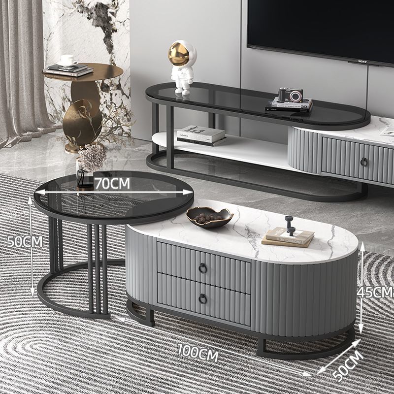 スレートコーヒーテーブルテレビキャビネットライト高級モダンハイエンドホームリビングルーム楕円形伸縮式コーヒーテーブルサイドテーブル組み合わせ|undefined