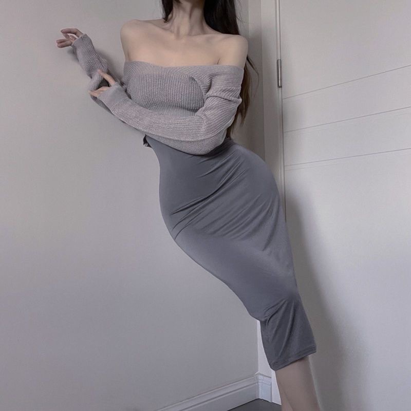 Backless Hollow-out Knit Two-piece Dress Set with Tie Detail and Grey Sweater — detail image 5