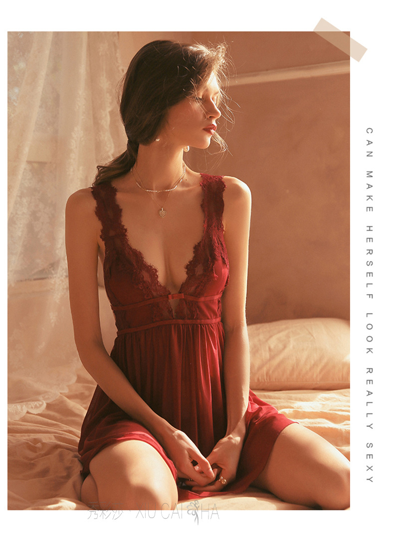 Wine-Red Lace Mesh Babydoll Nightgown with Short Skirt Design, See-Through Wholesale Lingerie — detail image 25