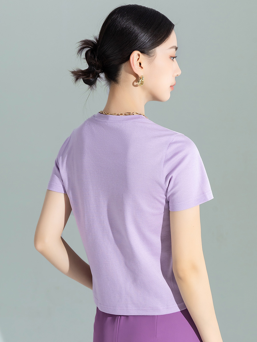 Áo thun nữ tay ngắn thiết kế khoét vai, chất liệu dệt kim acetate Tencel ôm dáng — Màu tím
