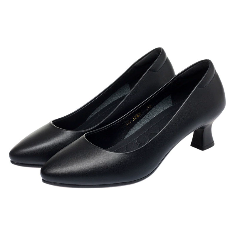 Мягкие кожаные Профессиональные высокие каблуки Женские остроносые туфли с этикетом Интервью Черный средний каблук на шпильке Летная актриса Платье Рабочая обувь