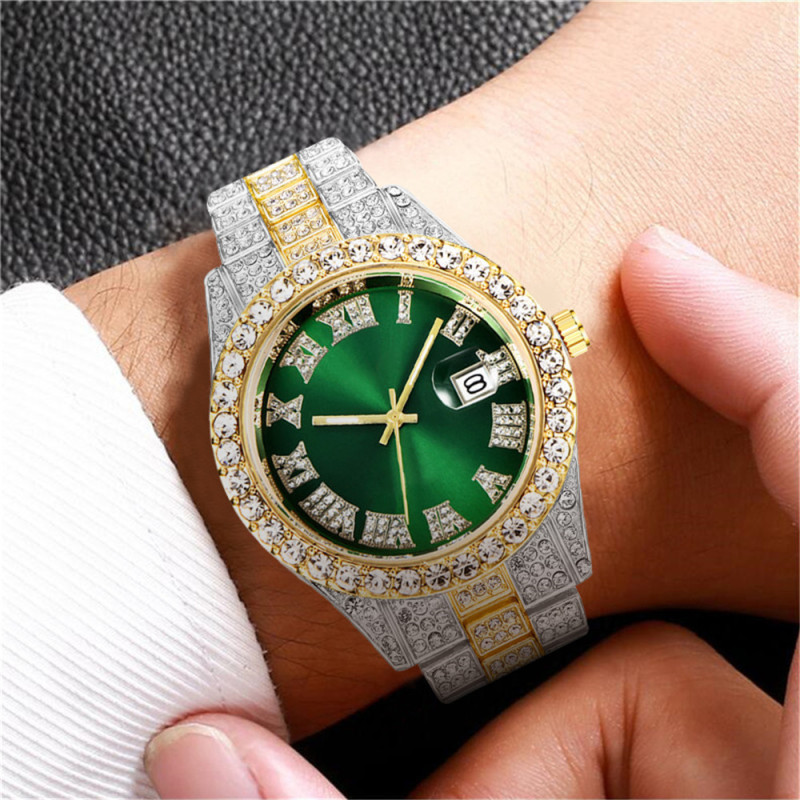 European and American New Style Water Ghost Large Rhinestone Inlaid with Diamonds Men's Watch Roman Scale Calendar Hip-Hop Watch Men's Gold Watch Green Full Diamond Watch European and American New Style Water Ghost Large Rhinestone Inlaid with Diamonds Men's Watch Roman Scale Calendar Hip-Hop Watch Men's Gold Watch Green Full Diamond Watch