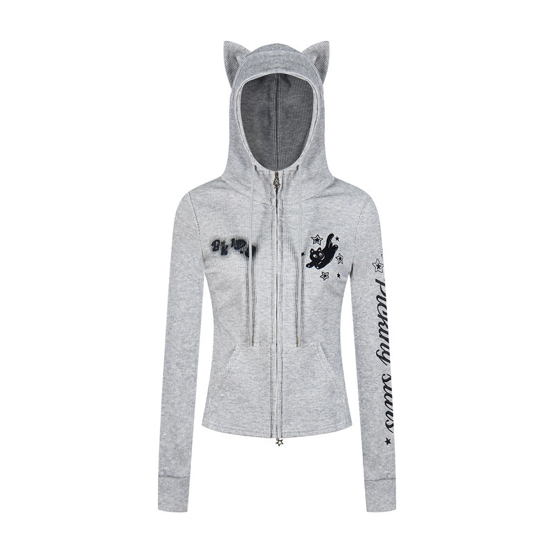 Retro Lettered Cat Ear Slim-Fit Knit Ribbed Hooded Zip-Up Sweatshirt Cardigan for Men and Women