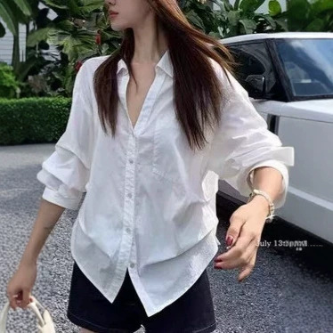 氛围感白色防晒衬衣女 慵懒风廓形宽松遮肉显瘦翻领单穿内搭衬衫