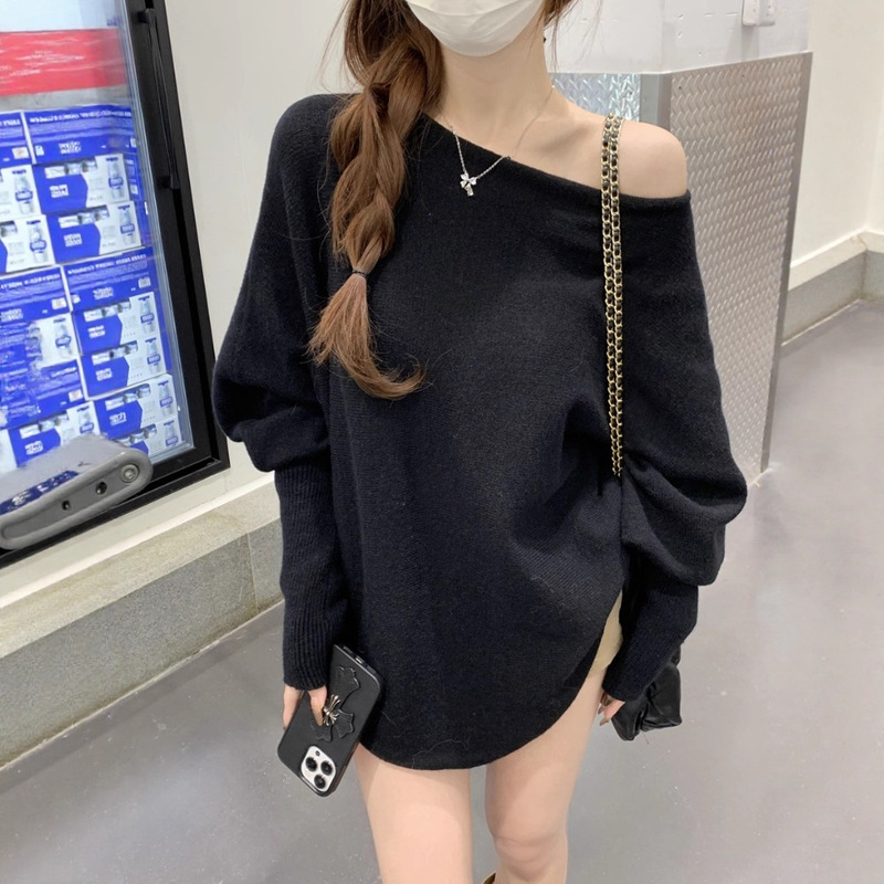 灰色蝙蝠袖斜肩一字肩毛衣女秋冬内搭可外穿宽松慵懒风露肩针织衫|undefined