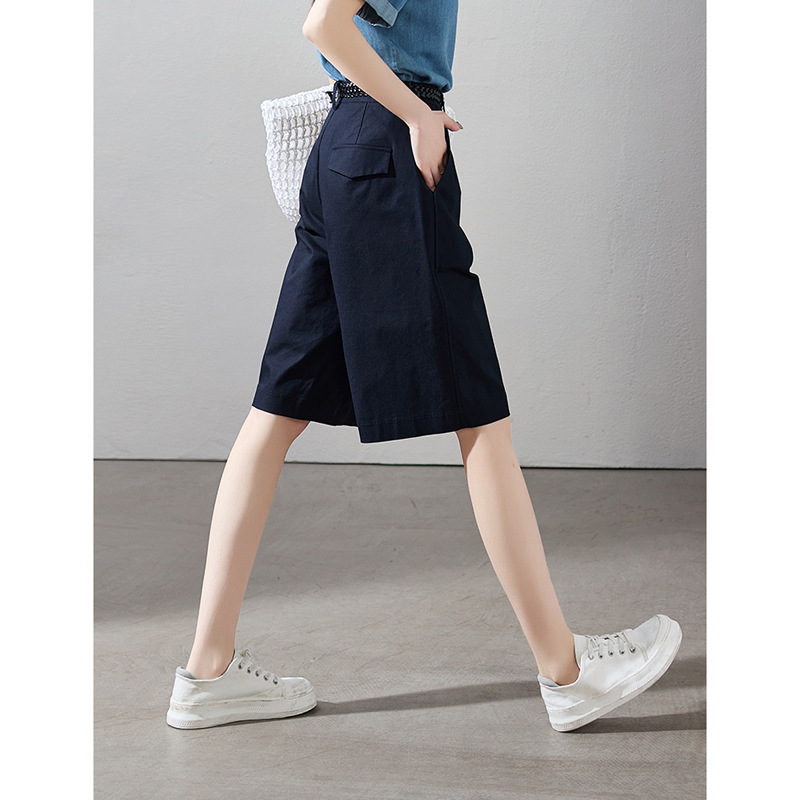 Quần short nữ cạp cao ống rộng chữ A dáng suông mùa hè — Màu be, Màu xanh navy chi tiết 1