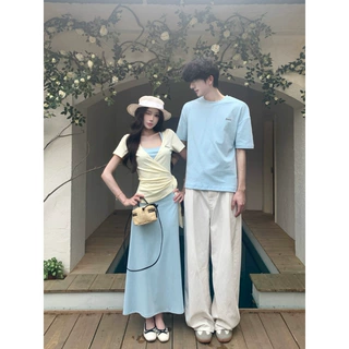 实拍法式气质蓝色挂脖吊带连衣裙子女夏季巨好看收腰套装长裙2026
