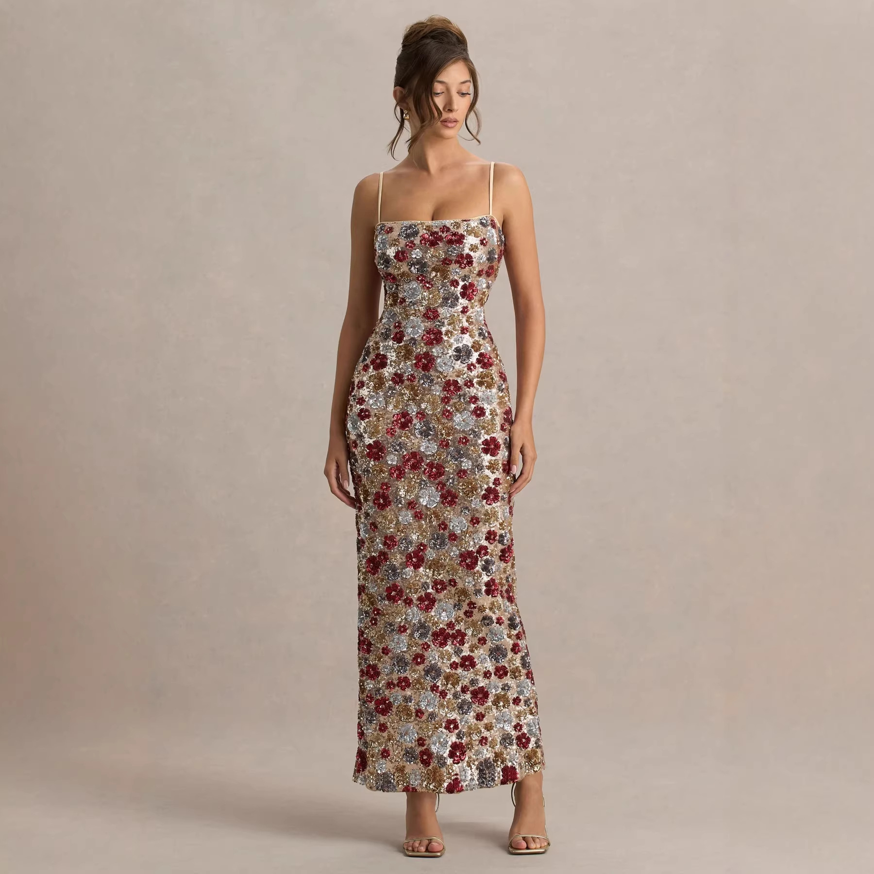 Glitter Sequin Bodycon Slit Dress For Women - Sleeveless High Waist Party Dress With Floral Print, Summer Vacation & Night Out Clubwear (S/M/L/Xl)_ecoleips.com