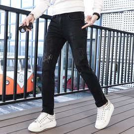 2023秋冬季潮牌牛仔裤男重工烫钻印花时尚修身百搭小脚黑色男裤子