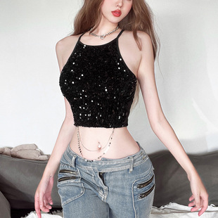 Cross-border European and American Style 2024 Summer New Women's Sexy Hot Girl Metal Chain Backless Waist Navel Vest