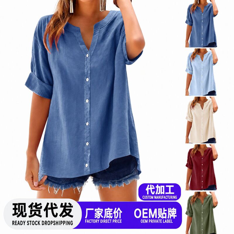 2026 Spring/Summer New Linen Top Button Shirt Casual Loose Elegant Plus Size V-Neck Women's Shirt 2026 Spring/Summer New Linen Top Button Shirt Casual Loose Elegant Plus Size V-Neck Women's Shirt