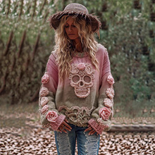 跨境圆领毛衣女秋冬季2025新款复古印花美式潮牌宽松防针织衫外套