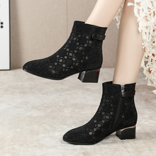 水钻网纱凉靴2025年春夏粗跟妈妈短靴女透气镂空网靴时尚高跟单靴