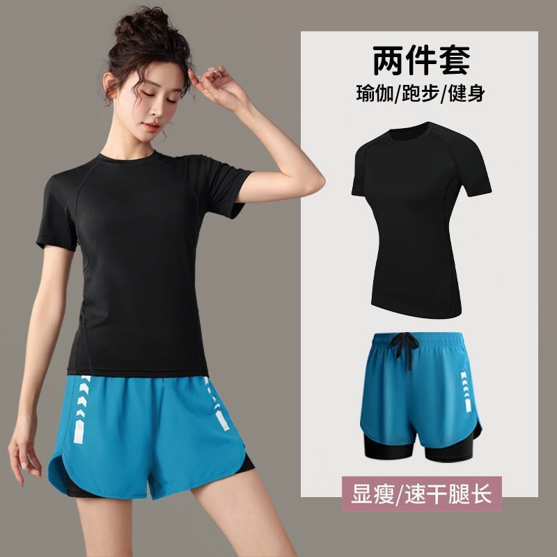 跑步运动套装女夏季速干冰丝t恤瑜伽服大码短袖晨跑健身衣服高弹|undefined