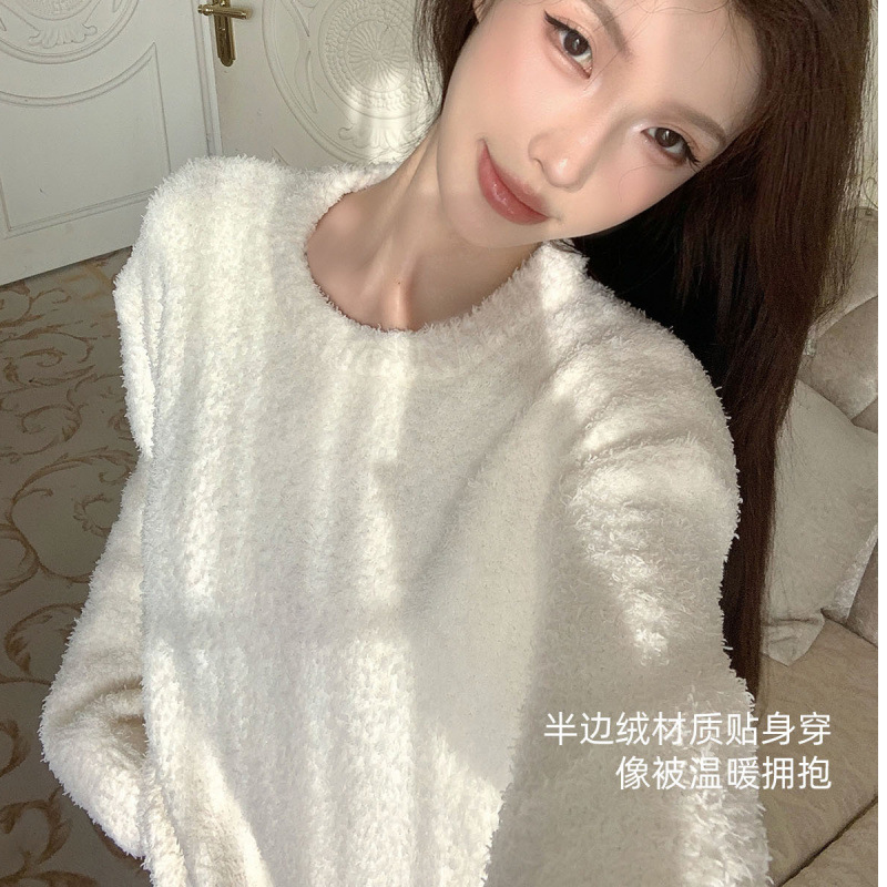 网图 纯色半边绒睡衣女加厚保暖长袖公主粉色毛绒慵懒风套装