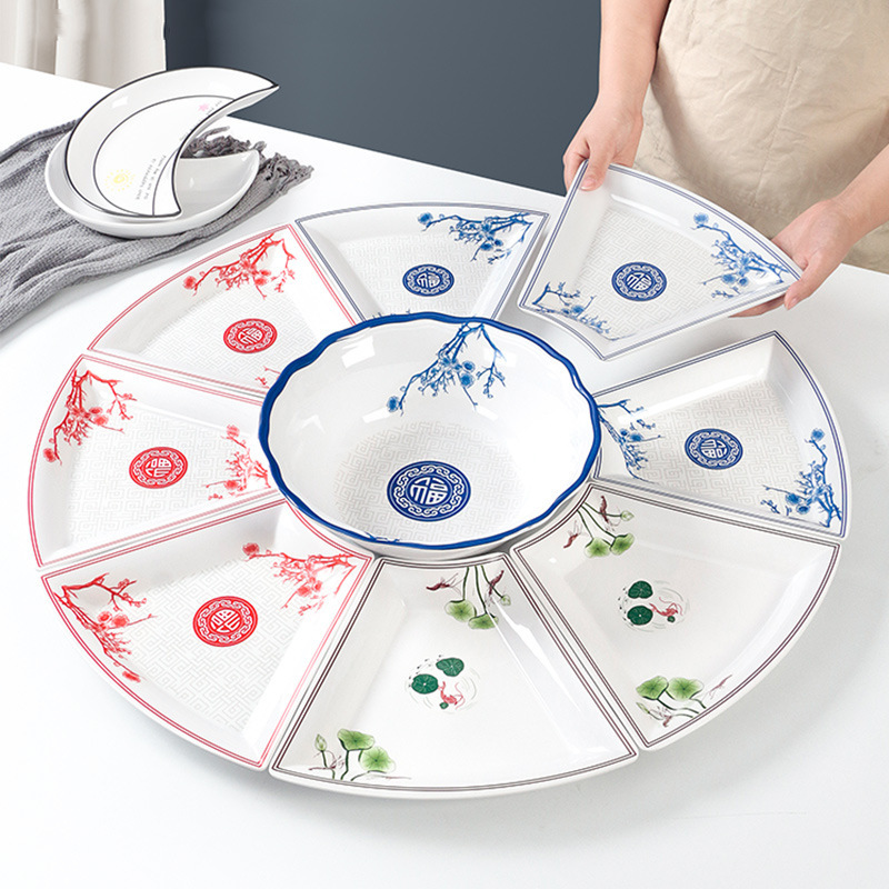Xiangyuanmei Hot Pot Restaurant Tableware Plate Imitation Porcelain melamine Banquet Round Table Platter Plate Combination Set Plastic