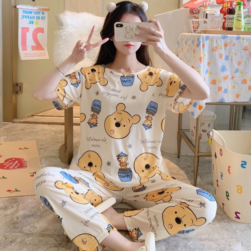 Pijamas para mujer, estilo coreano, de manga corta, con dibujos animados, pantalones largos, estilo fino, 2025, holgados, dulces, para primavera y otoño, conjunto para estar en casa.