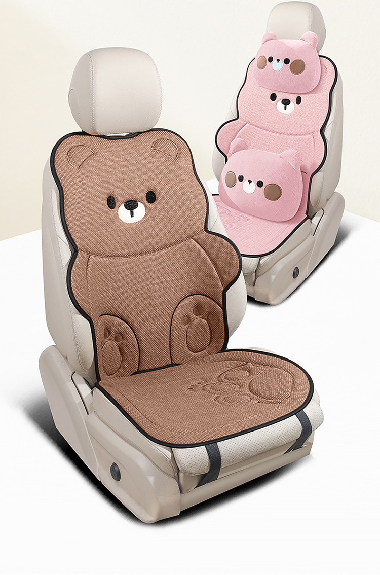 Car Seat Cushion for All Seasons, Cartoon Design, Breathable Cotton and Linen for Summer, Ventilated for Autumn and Winter, Half-Cover, Cute Bear Seat Cover for Women