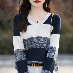 V领拼色100%纯棉针织长袖打底衫女秋冬新款百搭全棉内搭上衣毛衣