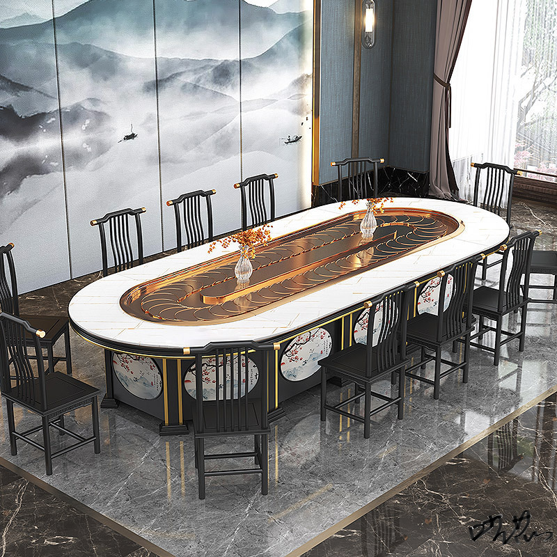 Long Dining Table Turntable Set New Chinese Hotel Electric Combination Table Rectangular Rotating Long Table Home Villa