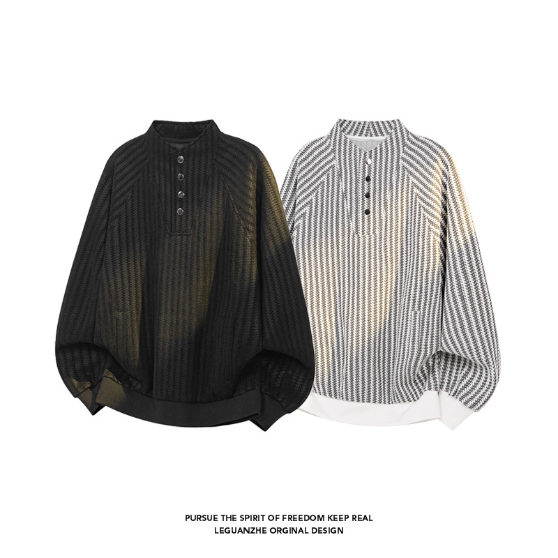 Fishbone Stripe Color-blocked Chanel-style Sweatshirt For Men And Women, Autumn High-end Design, Buttoned Henley Collar_voghion.com