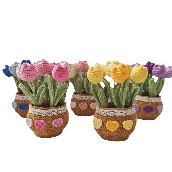 Flor inmortal adornos bonsai horticultura ganchillo artesanal lucky tulipan lana imitación decoración de sala de estar