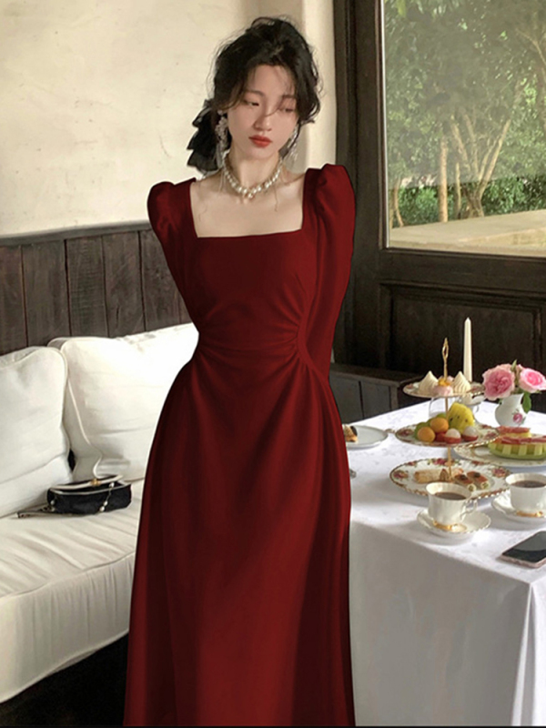 红色长袖连衣裙女春秋法式订婚礼服新娘敬酒服平时可穿红裙子长裙|undefined